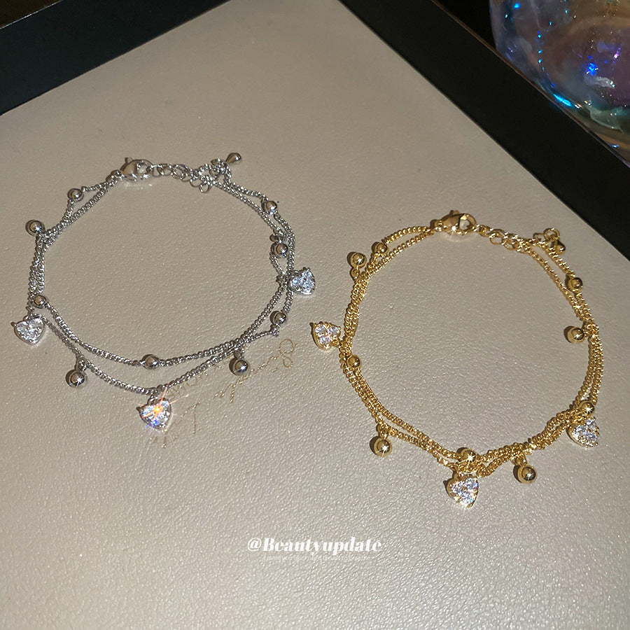 A廠【HB4791】18k真金電鍍鋯石雙層愛心吊墜手鍊時尚百搭手環輕奢高級感手飾女
 25.10-4