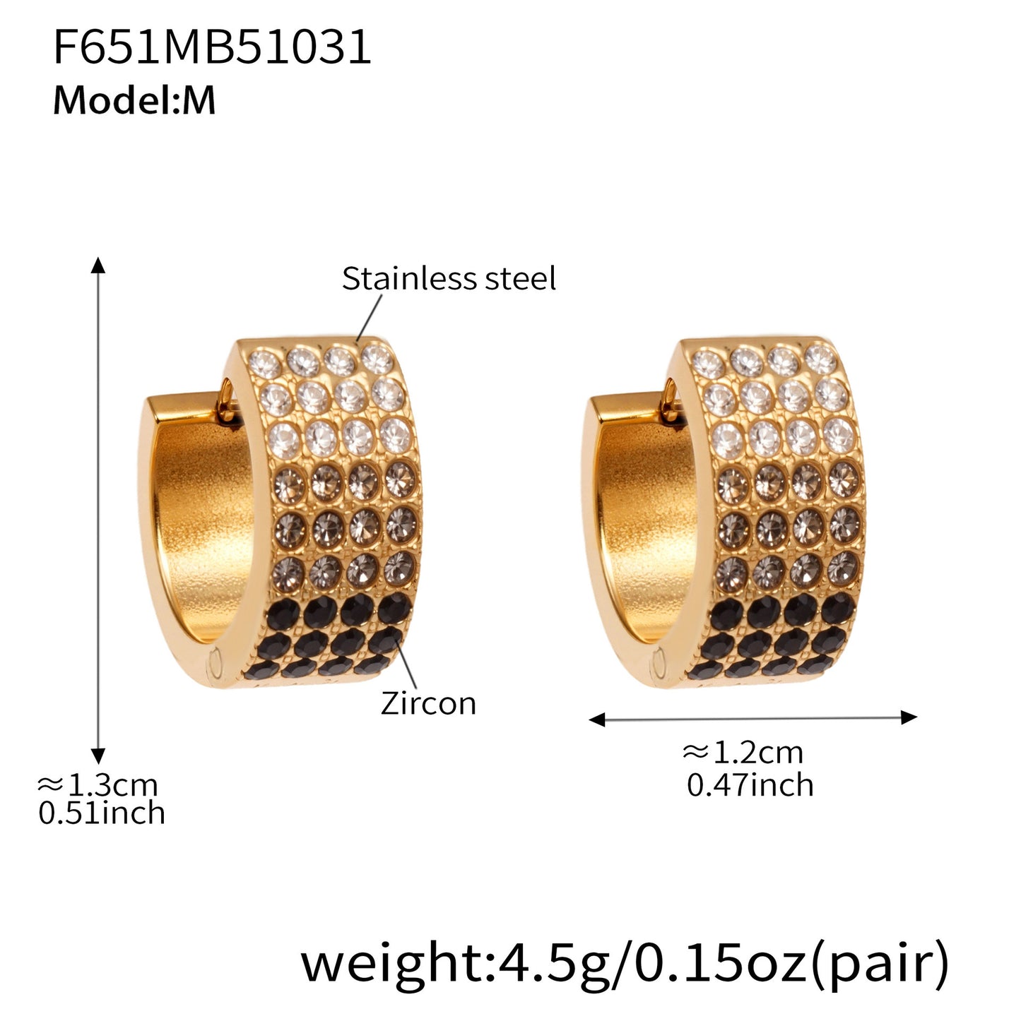 B廠【F651】彩鑽四排鋯石精緻卡扣耳環不鏽鋼鍍18k金時尚百搭個性耳飾
 25.11-1