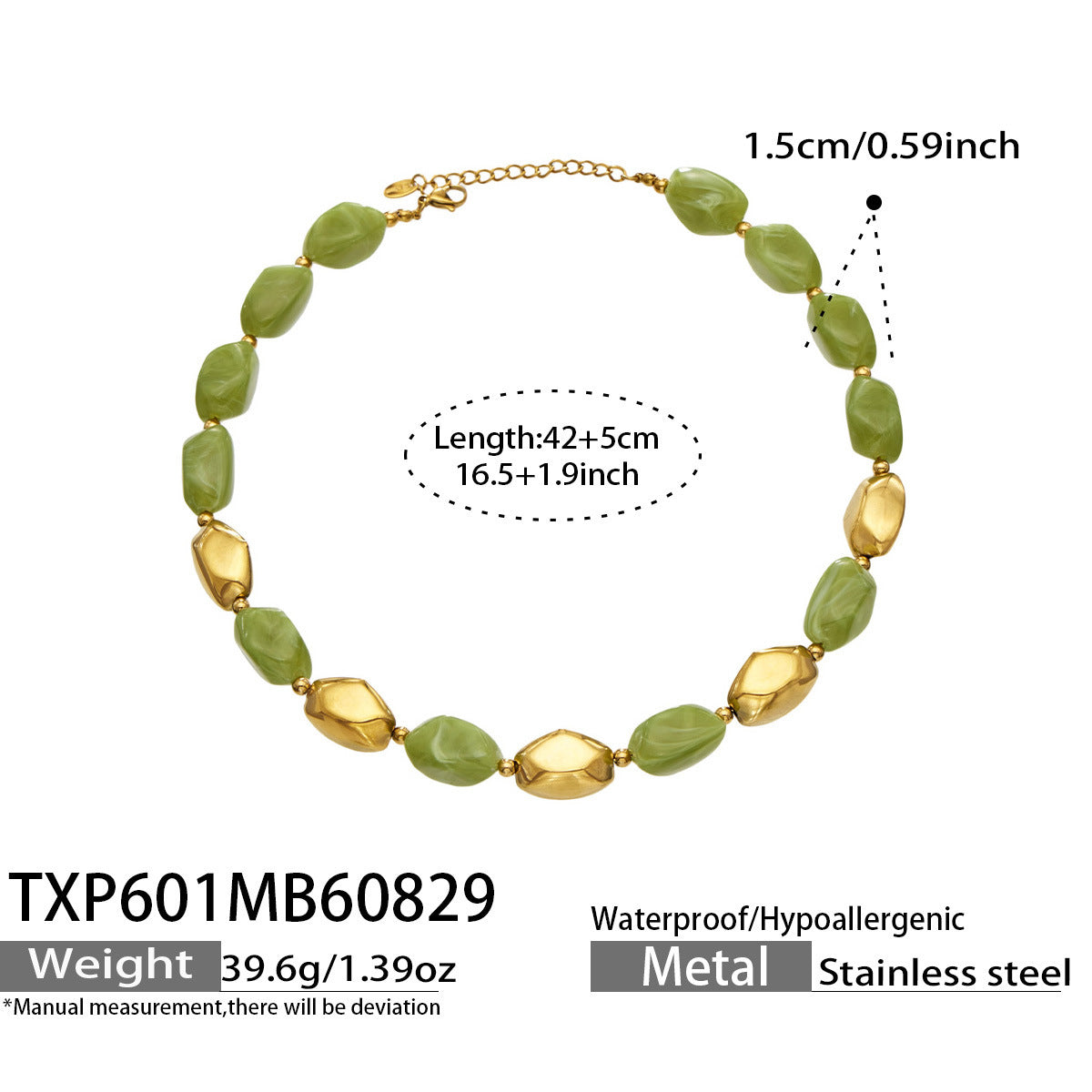 B廠【TXP601】歐美高級感小眾不鏽鋼鍍18k金樹脂橢圓串珠項鍊手鍊飾品首飾套裝
 26.09-1