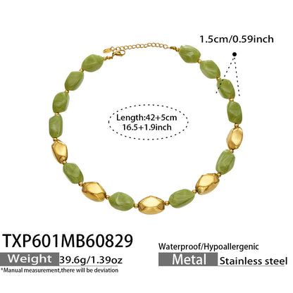 B廠【TXP601】歐美高級感小眾不鏽鋼鍍18k金樹脂橢圓串珠項鍊手鍊飾品首飾套裝
 26.09-1