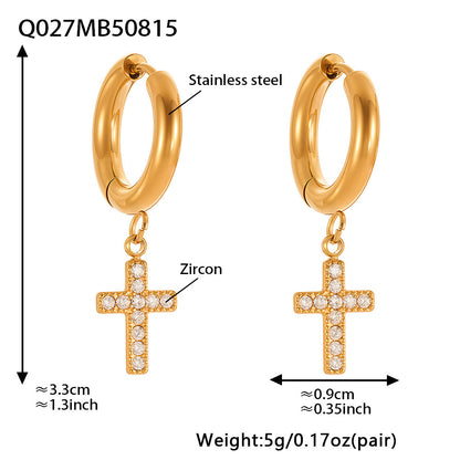 B廠【Q015】不鏽鋼超閃5A鋯石十字架耳環跨國簡約輕奢風耳環鍍18k真金 25.08-5