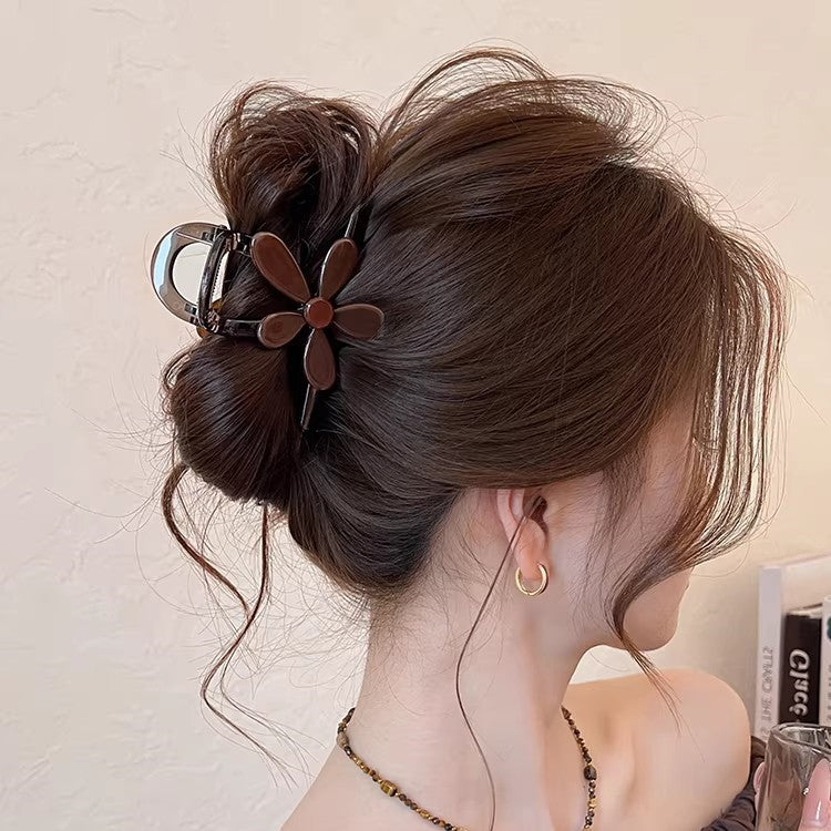 C廠【X16】棕色醋酸花朵一字頭髮抓夾女2026新款大號後腦勺鯊魚夾子髮夾髮飾
 26.03-3