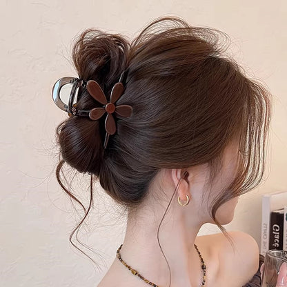 C廠【X16】棕色醋酸花朵一字頭髮抓夾女2026新款大號後腦勺鯊魚夾子髮夾髮飾
 26.03-3