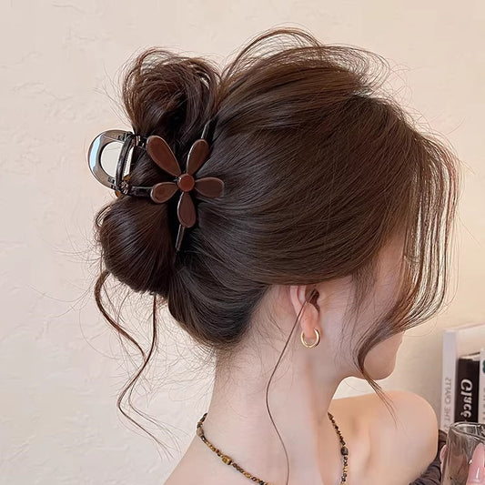 C廠【X16】棕色醋酸花朵一字頭髮抓夾女2026新款大號後腦勺鯊魚夾子髮夾髮飾
 26.03-3