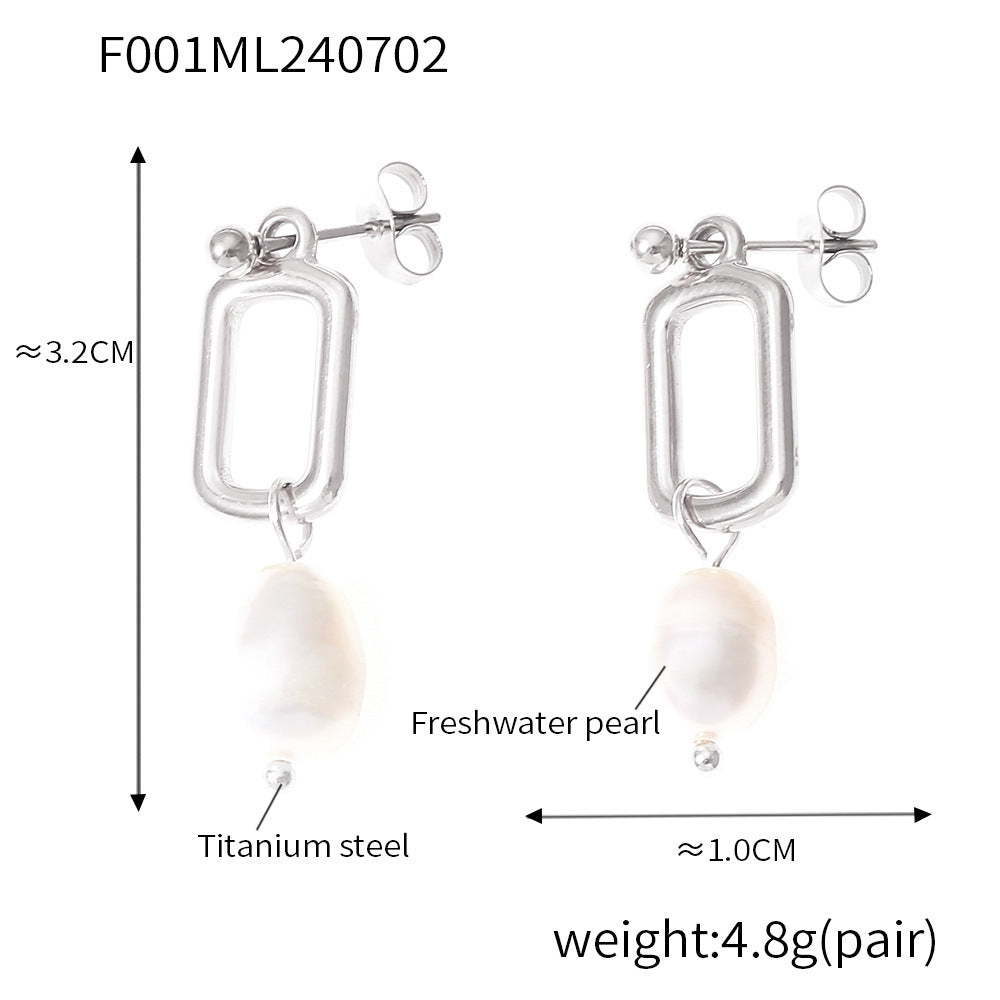 B廠【F001】歐美跨國復古簡約設計淡水珍珠流蘇方形耳環鈦鋼鍍18k金飾品 24.07-2