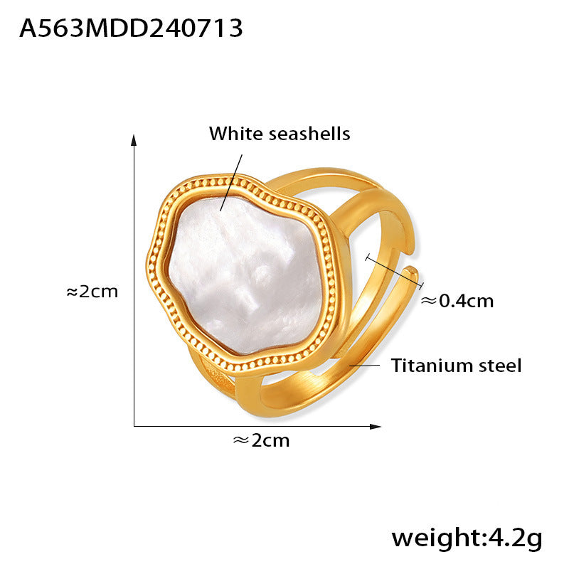 B廠【A563】法式幾何不規則白海貝戒指鈦鋼鍍18k金可調式復古創意設計指環女 24.07-3