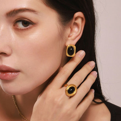 B廠【P521】天然黑瑪瑙耳環ins小眾設計感項鍊時尚百搭鈦鋼18K真金套裝 25.03-2