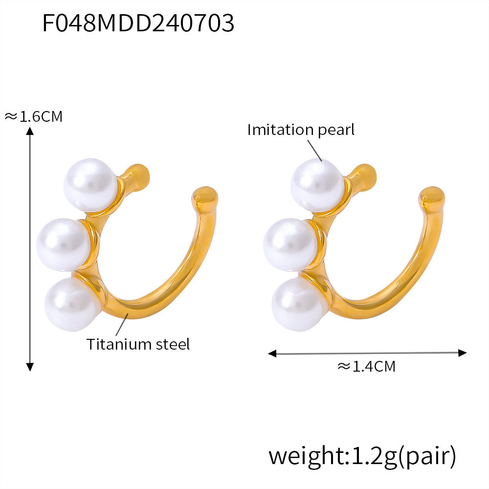B廠【F048】歐美氣質優雅U形鑲嵌仿珍珠設計感鈦鋼鍍金耳環女個性百搭飾品 24.07-2
