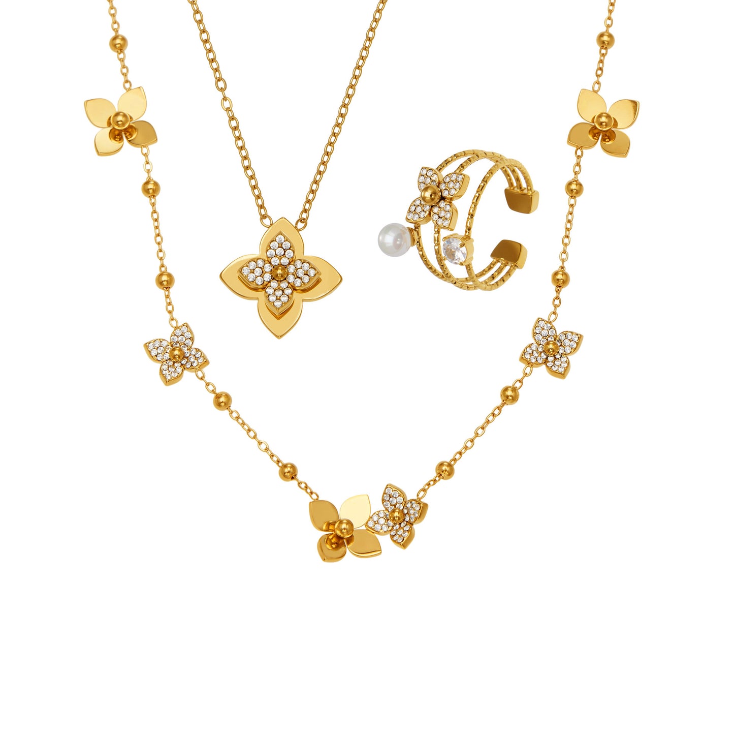 B廠【TXP489】熱銷新品重十字夾珠鬱金香花朵鑲鋯石滿鑽鎖骨項鍊戒指套裝
 25.11-4