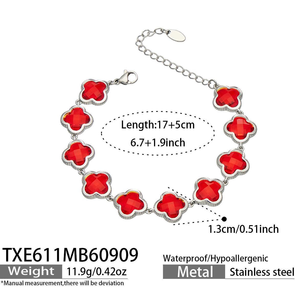 B廠【TXP611】謎麗港風顯貴四葉花不鏽鋼鍍金紅玻璃簡約小眾項鍊手鍊耳飾飾品女
 26.09-3