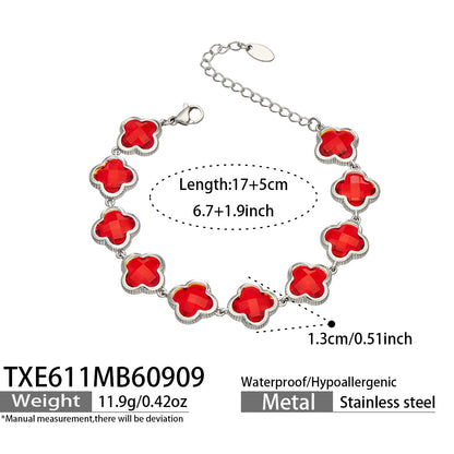 B廠【TXP611】謎麗港風顯貴四葉花不鏽鋼鍍金紅玻璃簡約小眾項鍊手鍊耳飾飾品女
 26.09-3