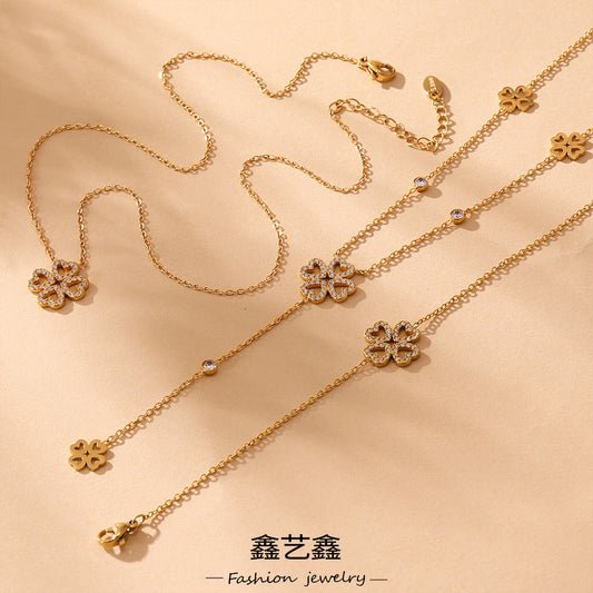 B廠【TXP303】5A鋯石超閃愛心四葉花滿鑽鎖骨項鍊手鍊飾品套裝不銹鋼材質 25.07-2
