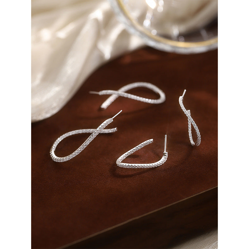 E廠【XDQ10623E】S925純銀莫比烏斯大圈耳環女幾何弧形交叉鋯石耳環冷淡風耳飾
 25.12-2