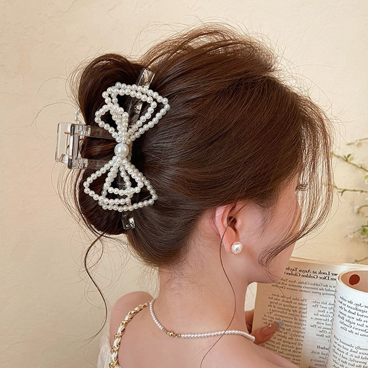 C廠【X121】韓系千金~抓夾女珍珠蝴蝶結鯊魚夾子高級感頭髮髮夾獨特漂亮頭飾
 26.04-3