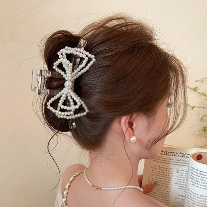C廠【X121】韓系千金~抓夾女珍珠蝴蝶結鯊魚夾子高級感頭髮髮夾獨特漂亮頭飾
 26.04-3
