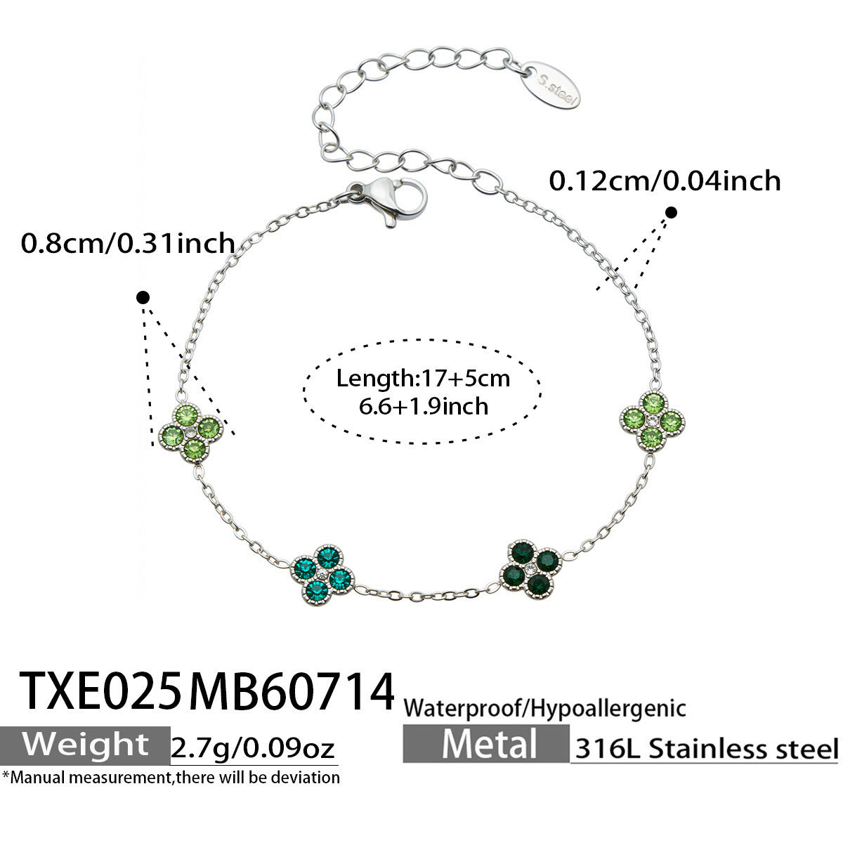 B廠【TXP025】歐美多巴胺系列四葉花不銹鋼鍍18k金 鑲嵌鋯石項鍊手鍊女飾品套裝
 26.07-4