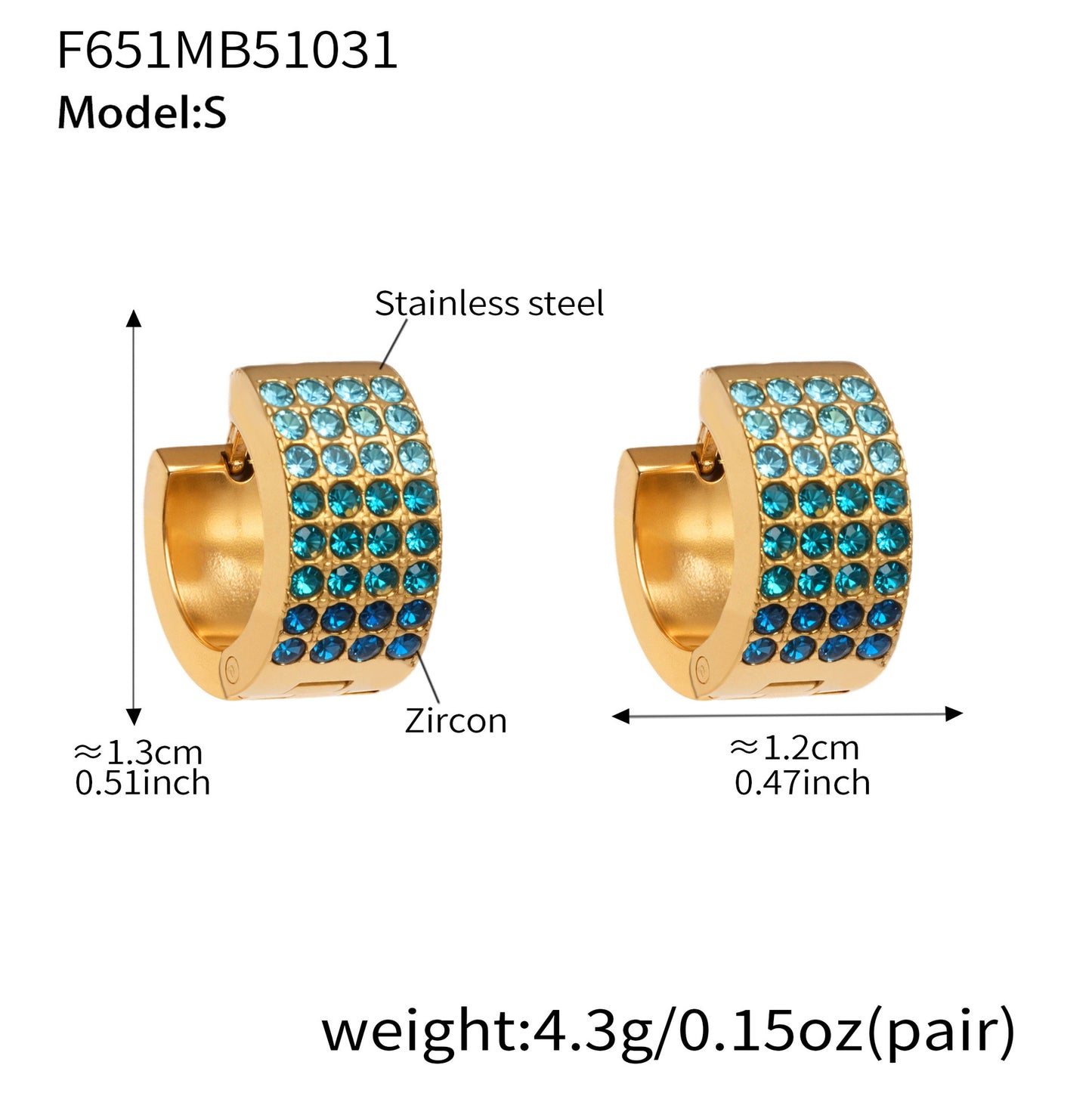 B廠【F651】彩鑽四排鋯石精緻卡扣耳環不鏽鋼鍍18k金時尚百搭個性耳飾
 25.11-1