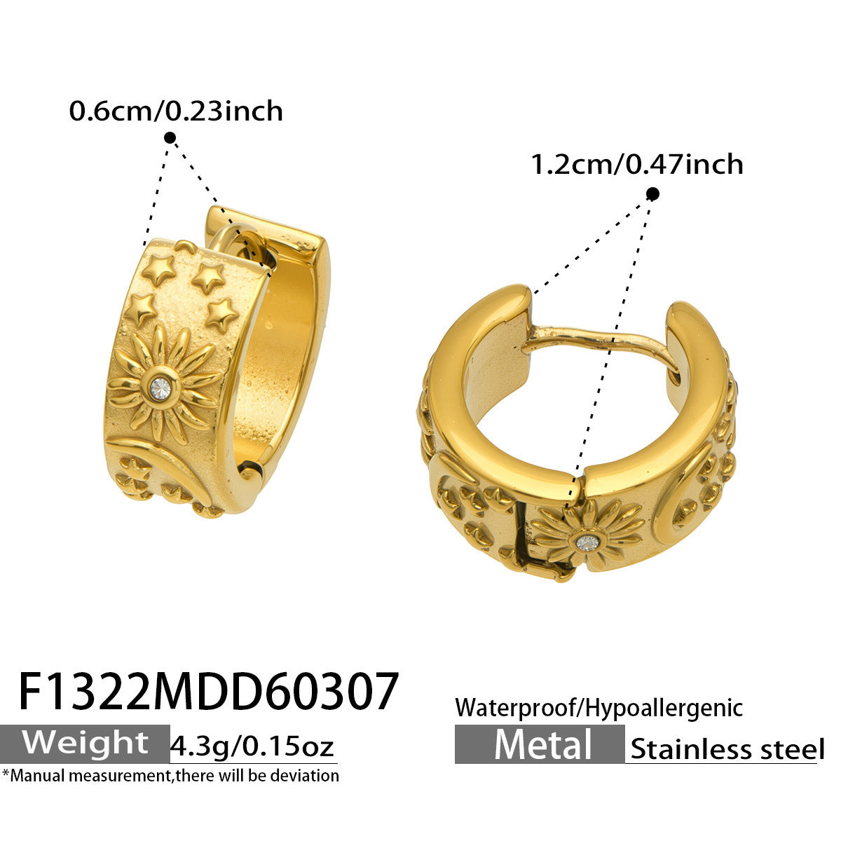B廠【F1322】歐美簡約設計日月星微鑲鋯石耳環不鏽鋼鍍18k金時尚百搭氣質耳飾
 26.03-3