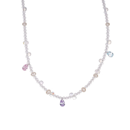 E廠【XDQ0802N】實拍彩色鋯石琉璃珠項鍊女S925純銀高級感淡水珍珠水滴鎖骨鏈
 26.06-2