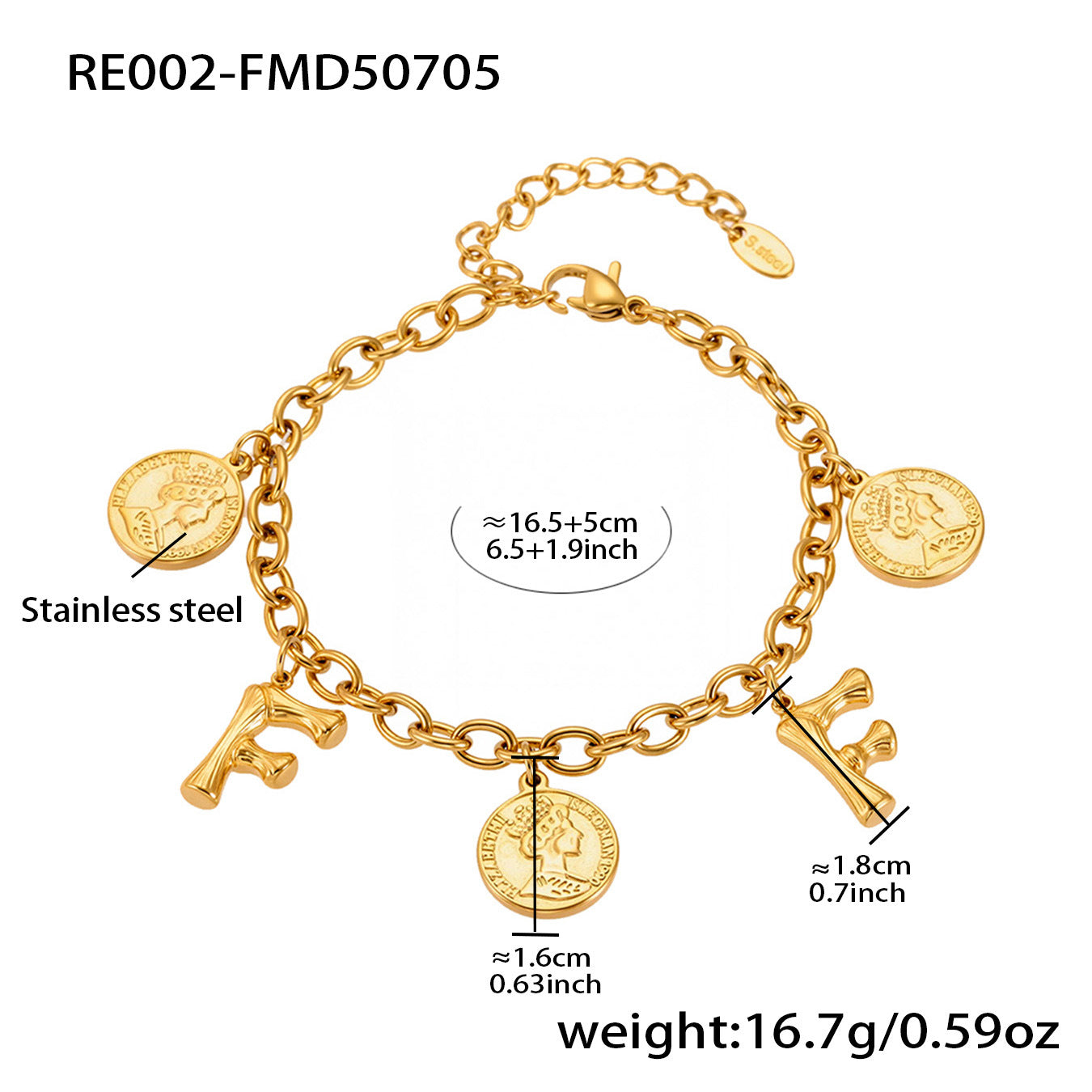B廠【RE002】歐美飾品不鏽鋼26個字母伊莉莎白女王圖像手鍊鍍18k金色保色 25.07-3