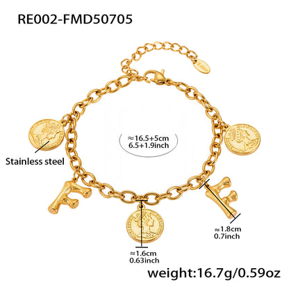 B廠【RE002】歐美飾品不鏽鋼26個字母伊莉莎白女王圖像手鍊鍍18k金色保色 25.07-3