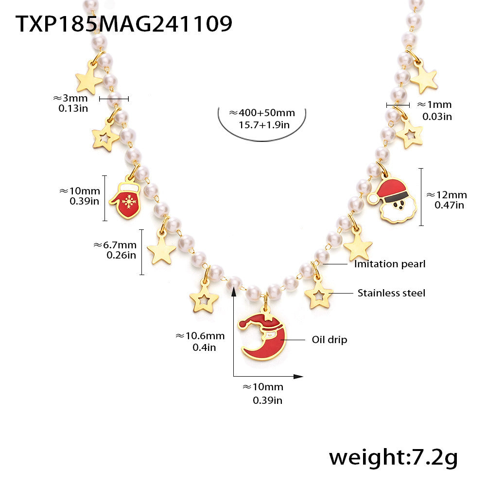 B廠【TXP185】飾品不鏽鋼滴油聖誕元素星月項鍊手工串貝珠項鍊手鍊套裝 24.11-3