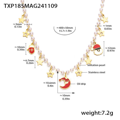 B廠【TXP185】飾品不鏽鋼滴油聖誕元素星月項鍊手工串貝珠項鍊手鍊套裝 24.11-3