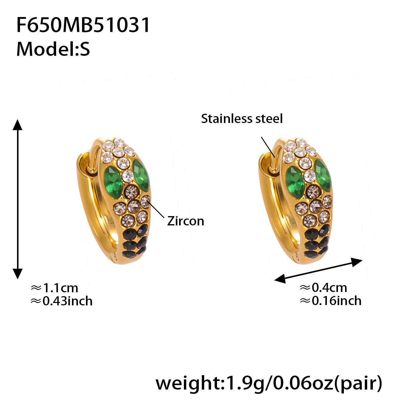B廠【F650】彩色鋯石U形耳環不鏽鋼鍍18k真金蛇形滿鑽輕奢時尚百搭耳飾
 25.11-1