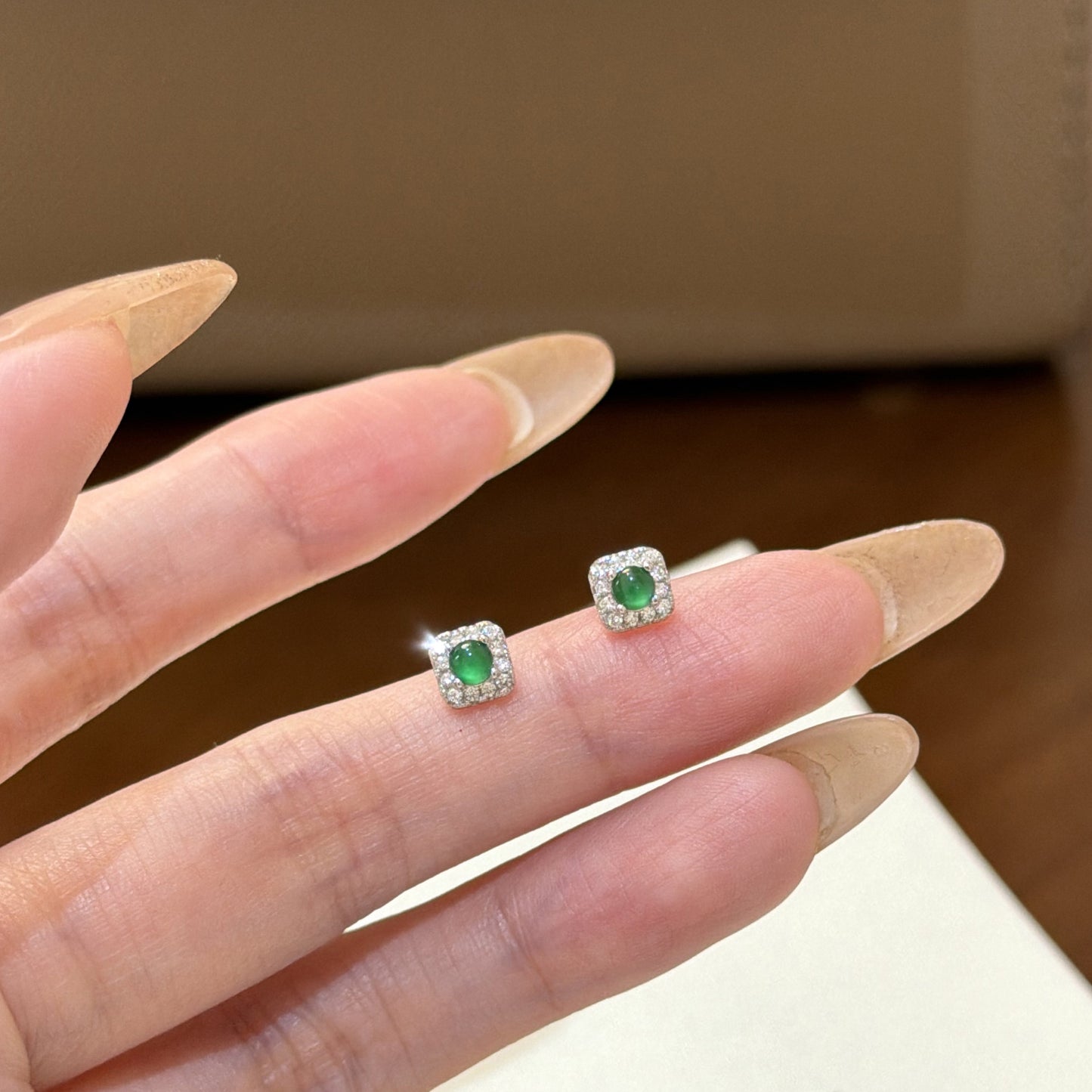 E廠【XDQ10102E】實拍S925純銀天然綠翡翠耳環女新中式高級感迷你方形日常耳飾 26.07-1