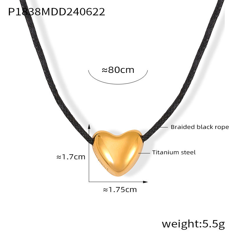 B廠【P1838】韓版長黑繩編織鈦鋼愛心吊墜項鍊小眾復古時尚簡約氣質脖頸鍊女 24.06-4
