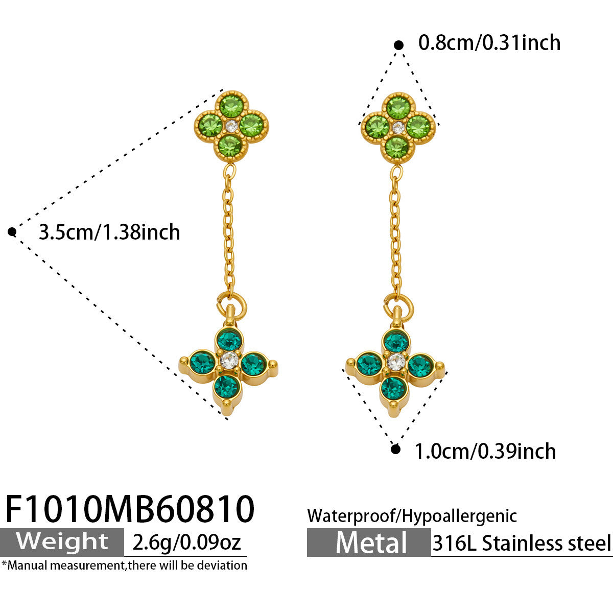 B廠【F1010】新款滿鑽四葉花垂墜耳飾鈦鋼鍍金ins輕奢精緻時尚通勤飾品耳環女
 26.08-2