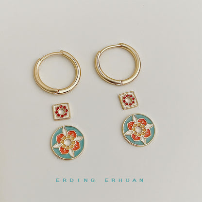 A廠【6471】原創文藝復古國潮紋樣圓形幾何琺瑯滴釉彩繪耳飾新款耳環飾品 25.08-1