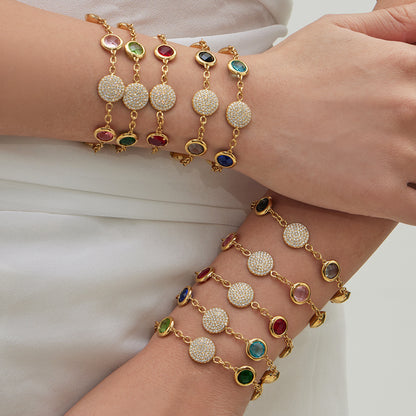 B廠【TXE508】不鏽鋼滿鑽鋯石切面包邊玻璃石手鍊耳環鍍18k真金首飾組不掉色
 25.12-1