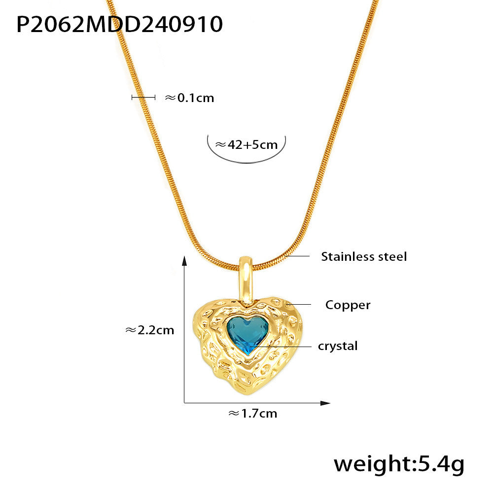 B廠【P2062】復古錘紋銅質水晶愛心吊墜 ins冷淡風少女甜美小眾設計鎖骨鏈配件 24.09-3