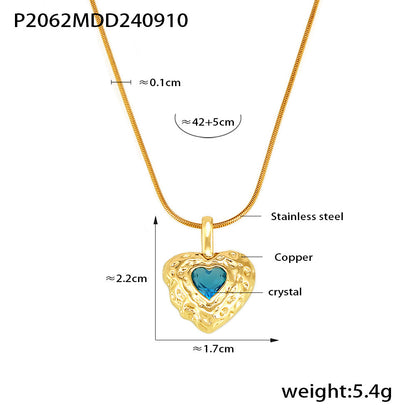 B廠【P2062】復古錘紋銅質水晶愛心吊墜 ins冷淡風少女甜美小眾設計鎖骨鏈配件 24.09-3