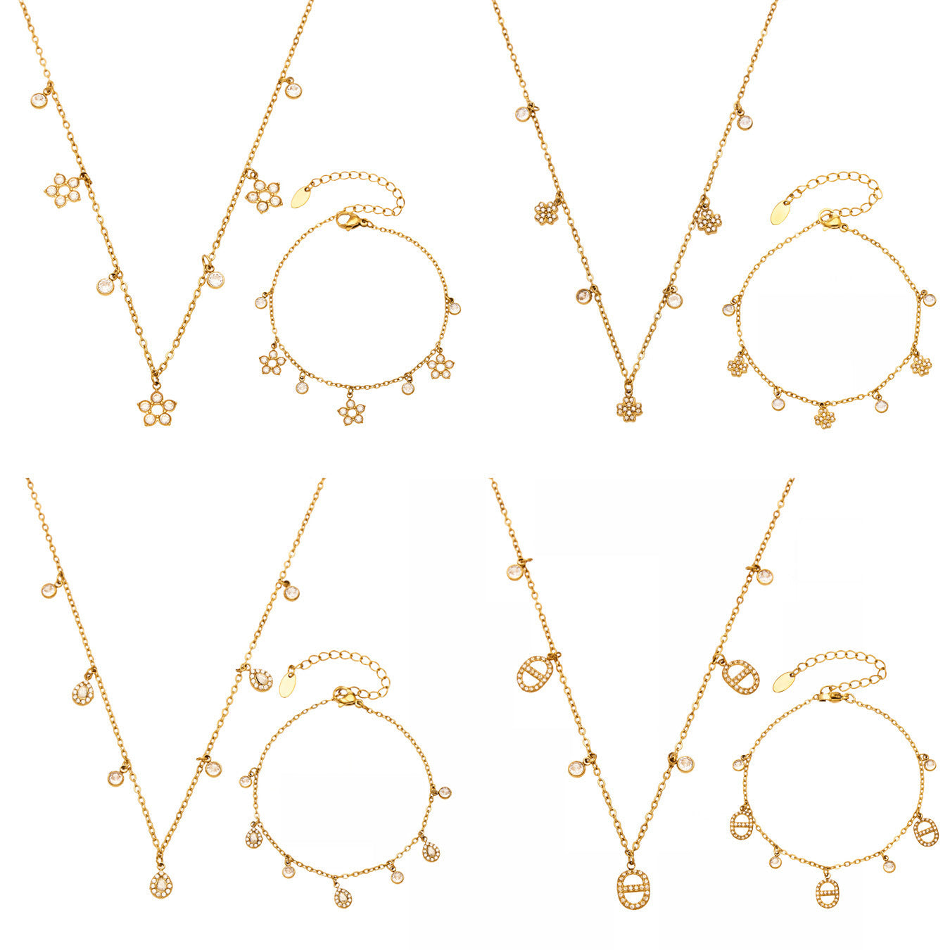 B廠【TXE571】歐美小眾五葉花鋯石小鑽DIY多吊墜項鍊手鍊不銹鋼鏈條鍍18k金套裝
 26.03-3