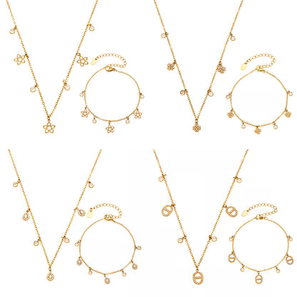 B廠【TXE571】歐美小眾五葉花鋯石小鑽DIY多吊墜項鍊手鍊不銹鋼鏈條鍍18k金套裝
 26.03-3