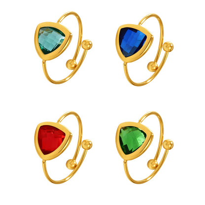 B廠【TXA265】不銹鋼三角形開口戒指進口捷克切面超閃玻璃戒指鍍18k真金 25.06-3