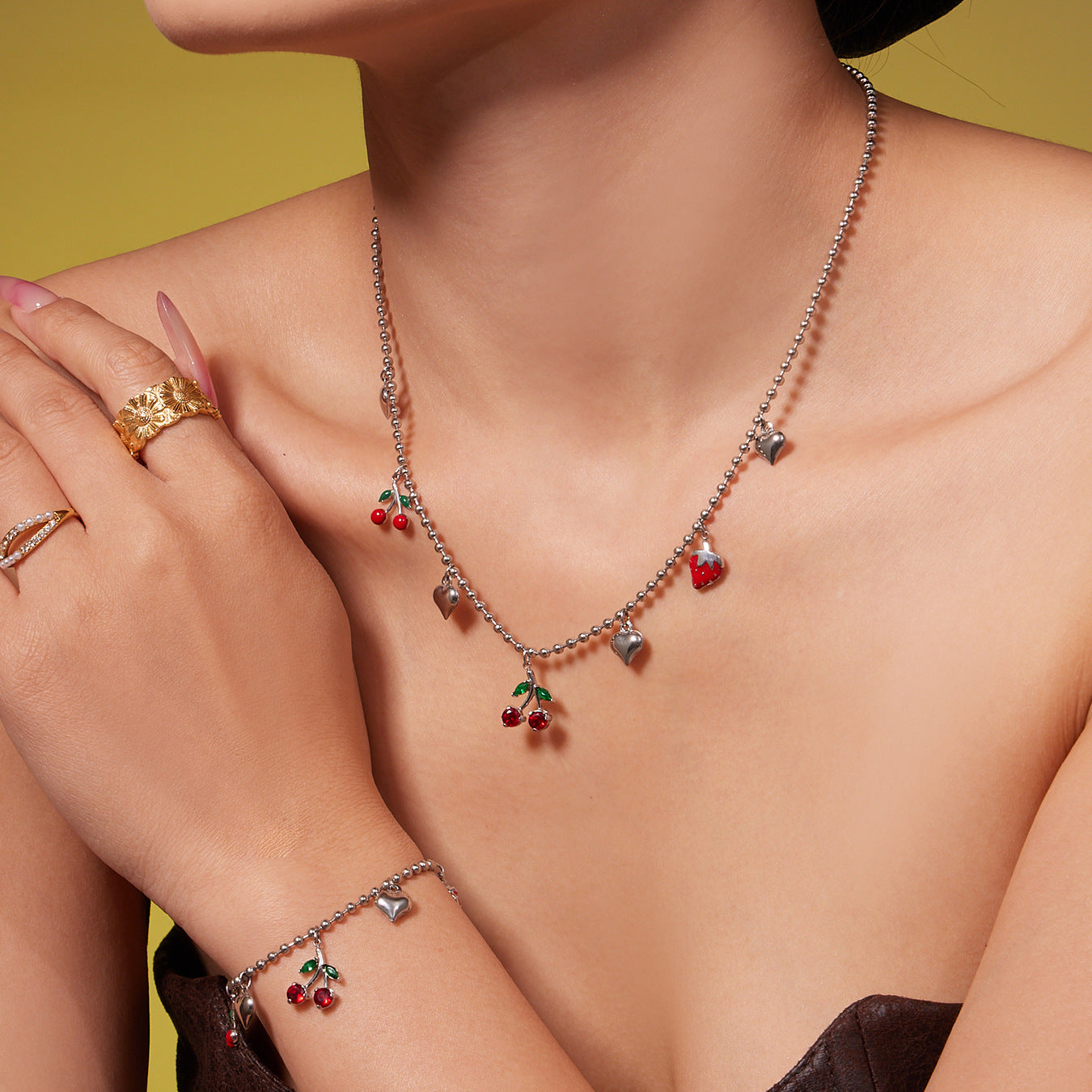 B廠【TXP471】跨境新款清新可愛櫻桃吊墜流蘇項鍊手鍊耳環 小巧百搭首飾
 25.11-3