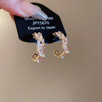 A廠【HE27628】925銀針滴油珍珠蝴蝶C型耳環法式優雅氣質耳環時尚耳環設計感小眾女 25.07-1