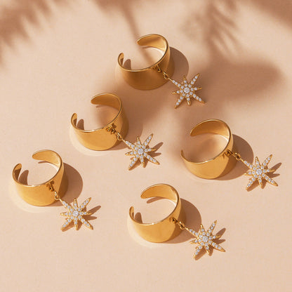 B廠【A074】跨境新不銹鋼寬面開口五角星八芒星鑲鋯石戒指鍍18k真金
 25.09-4