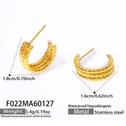 B廠【F022】歐美輕奢風小眾設計感三層C形紋理不鏽鋼鍍金耳環簡約氣質耳環女
 26.02-1