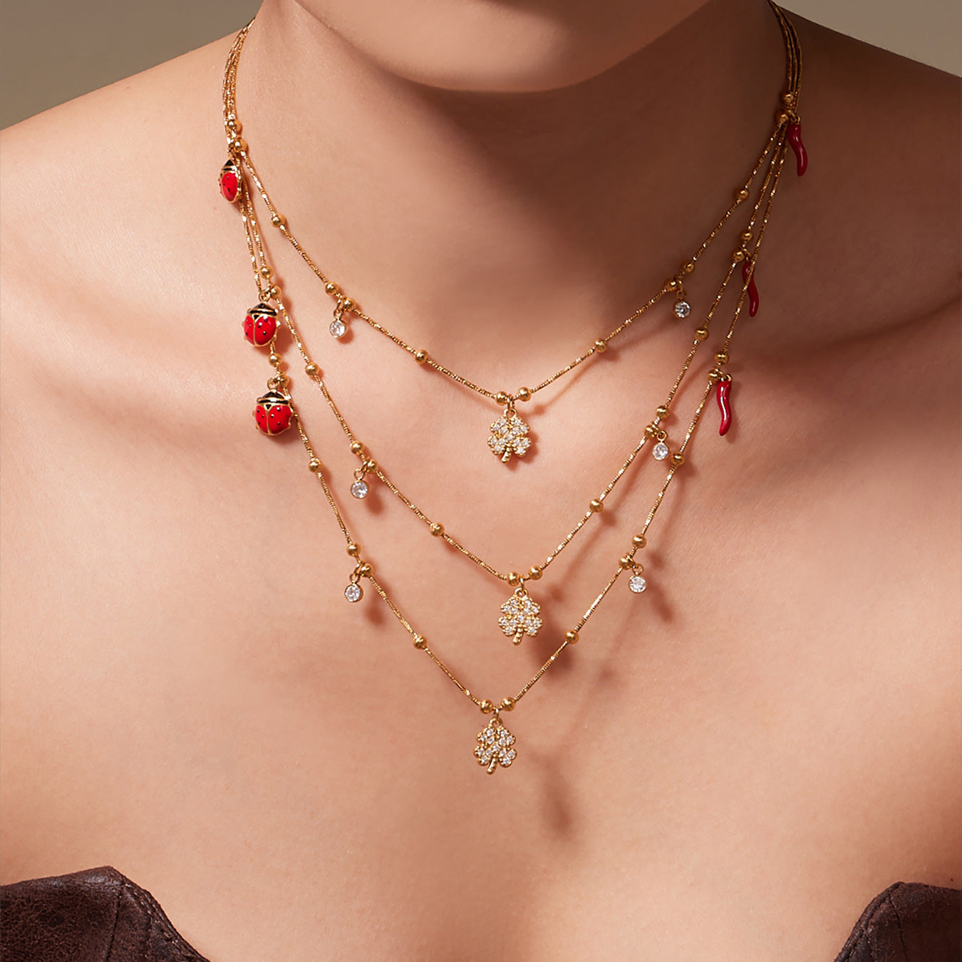 B廠【TXP502】不鏽鋼5A鋯石幸運草瓢蟲多配件手鍊項鍊首飾組鍍18k真金不掉色
 25.11-4