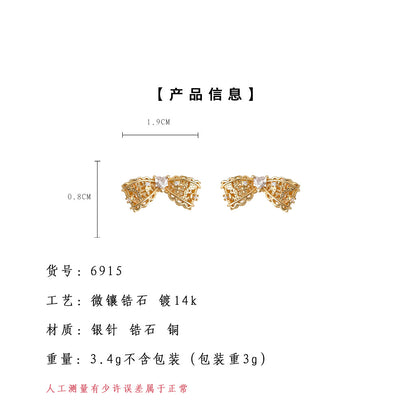 A廠【6915】時尚老錢風微鑲鋯石925銀針蕾絲花邊鏤空蝴蝶結新款耳飾耳環
 25.10-2