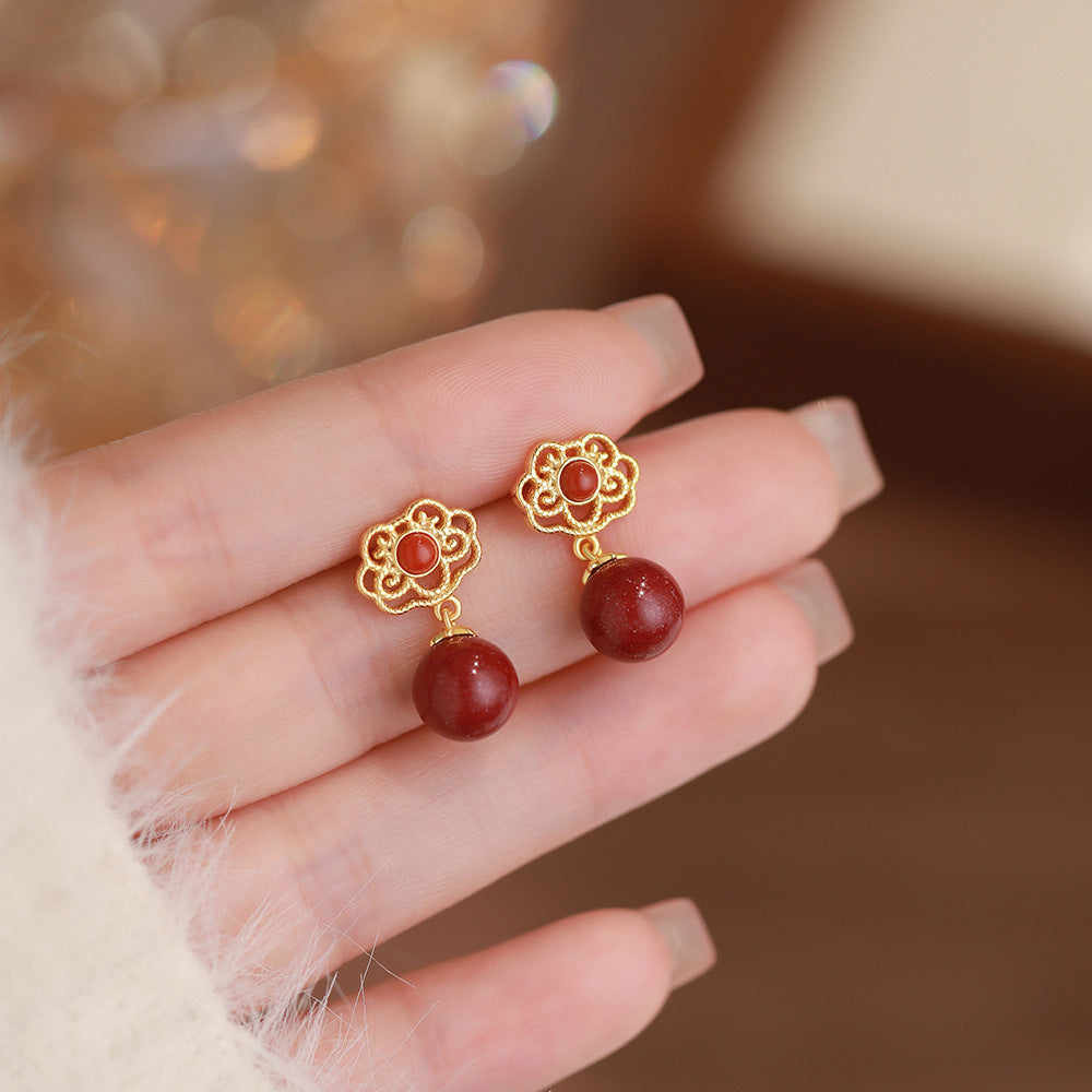 D廠【YC4114E】純銀S925如意南紅硃砂耳環氣質國風古風精美個性溫柔百搭耳飾
 26.01-1
