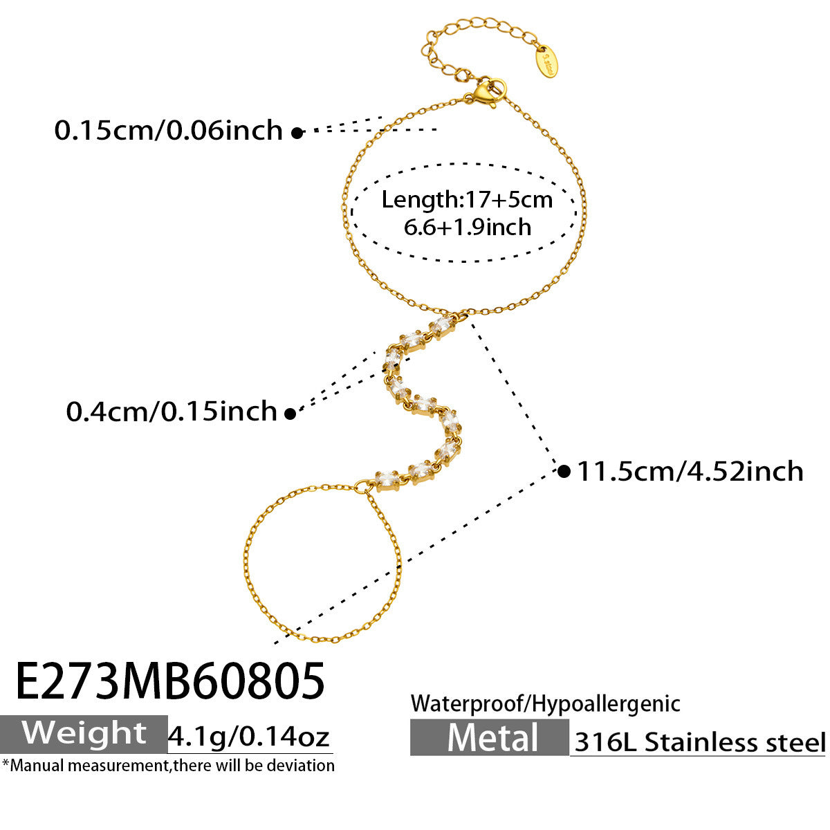 B廠【E273】時尚輕奢環保不銹鋼方塊鑲鋯石手指鏈 個性氣質可疊戴飾品女手鍊
 26.08-2
