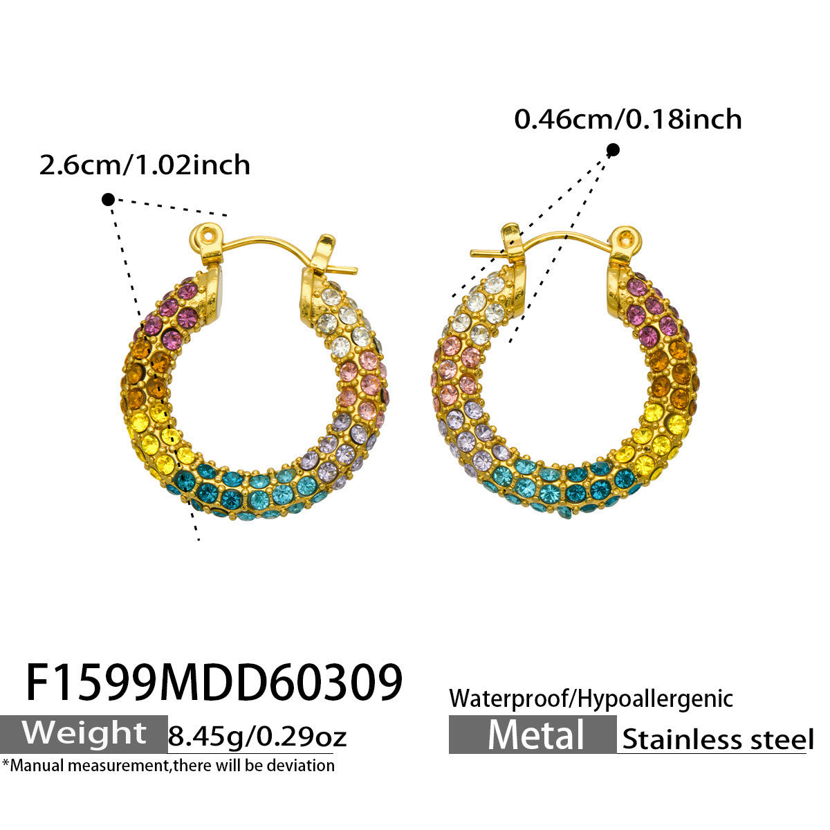 B廠【F1598】歐美INS高級感C型鑲彩鑽耳環不鏽鋼18k鍍金中古風滿鑽時尚耳環
 26.03-3