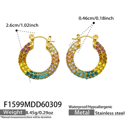 B廠【F1598】歐美INS高級感C型鑲彩鑽耳環不鏽鋼18k鍍金中古風滿鑽時尚耳環
 26.03-3