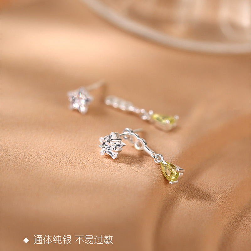 F廠【DQ10316E】S925純銀精緻小鋯石五角星耳環女水滴流蘇後掛式耳環耳飾潮 25.08-2