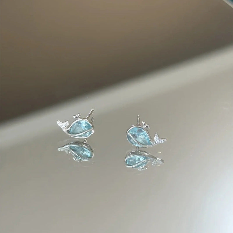 F廠【DQ10619E】S925純銀藍色鯨魚耳環女小眾時尚設計感鋯石輕奢百搭耳飾 25.08-3